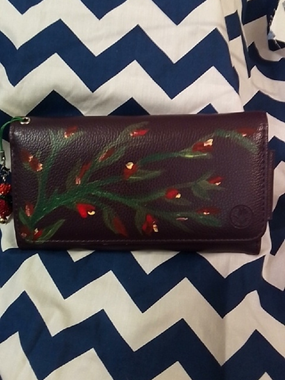 Hand Crafted Burgundy Leather Wallet with Hand-Painted Floral Accents